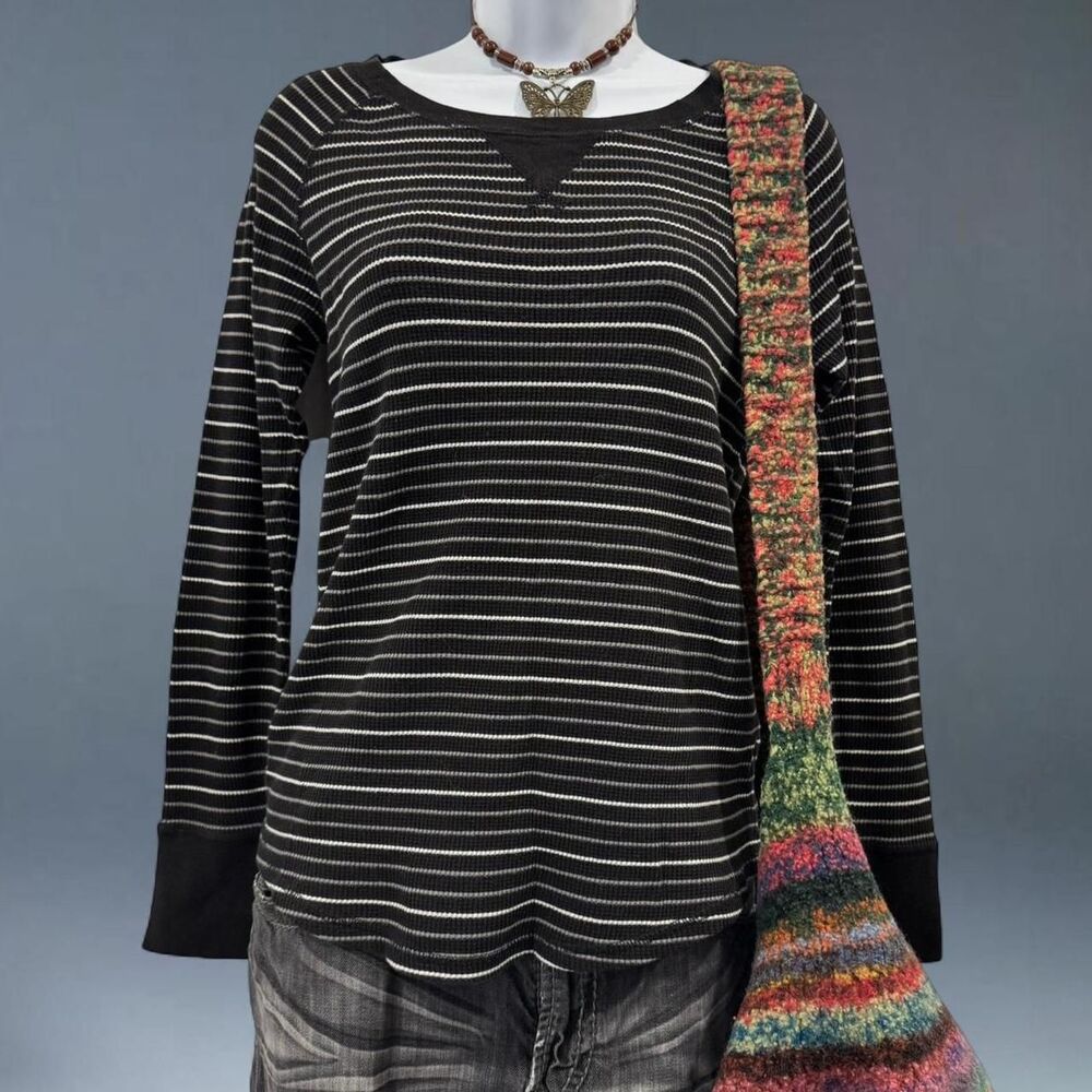 Y2K Faded Glory Striped Thermal Grunge Black Grey Long Sleeve Skater